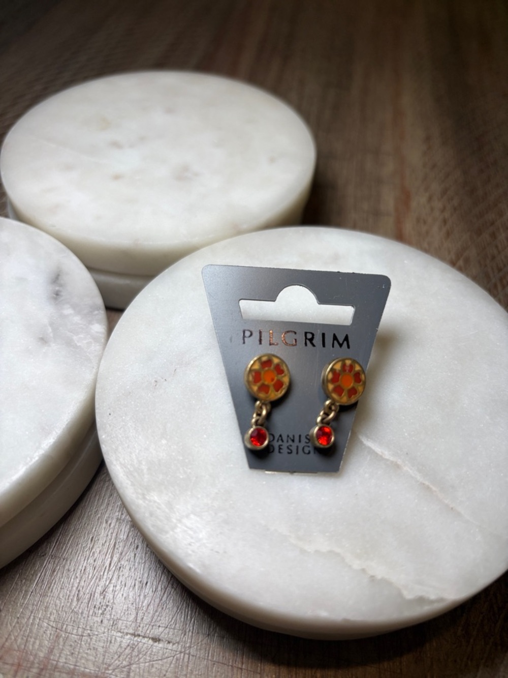(#121) Pilgrim Gold-Tone Earrings with Orange Enamel and Red Crystals